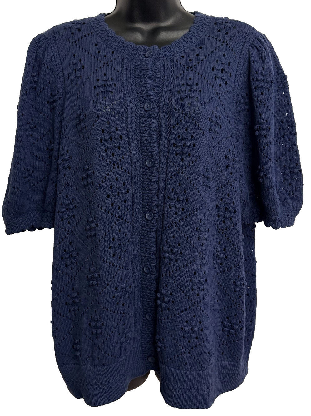 Torrid Belle Isle Pointelle Cardigan Women 2X Navy Blue Short Sleeve Sweater NEW